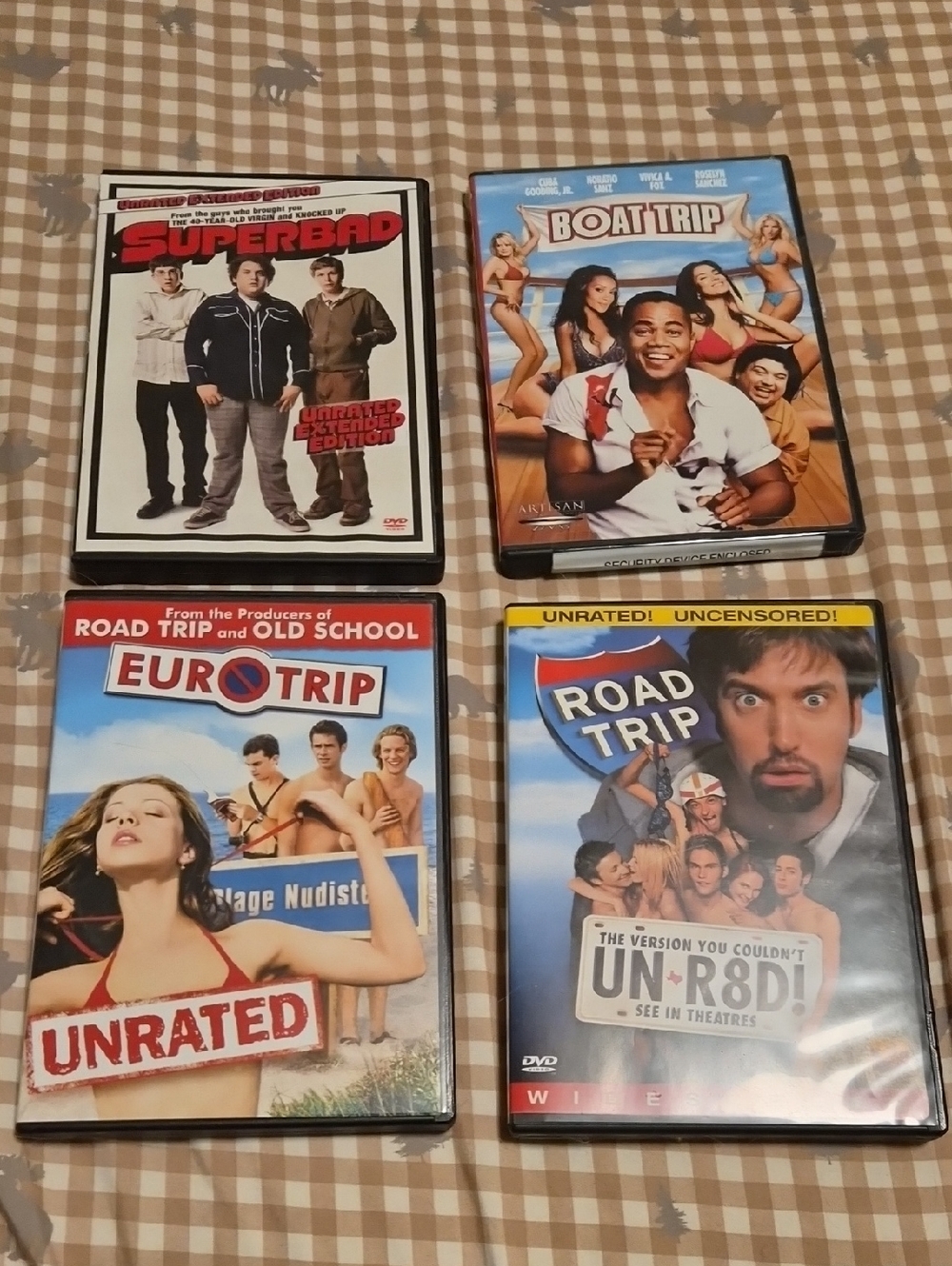 Boat Trip, Road Trip, Erotrip and Super Bad. Good Shape No Scrates.